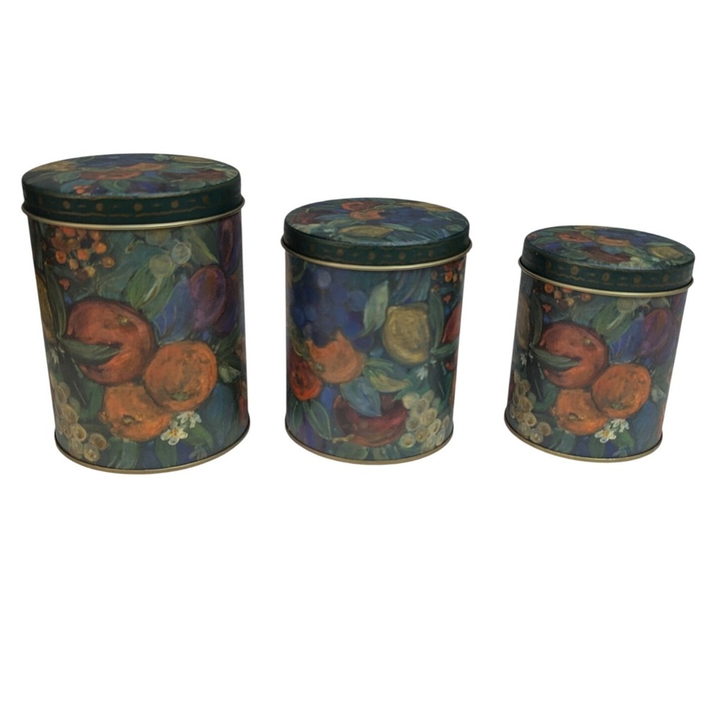 Nesting Fruit Canister Tin Set 3pc Teal Orange Fruit Vintage Tins Cottagecore